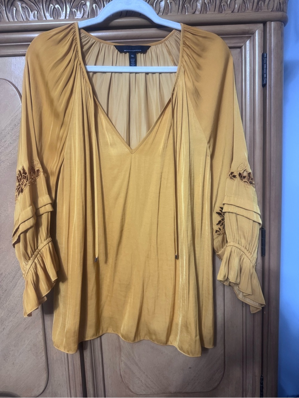 White House Black Market Mustard Yellow V-Neck Peasant Blouse